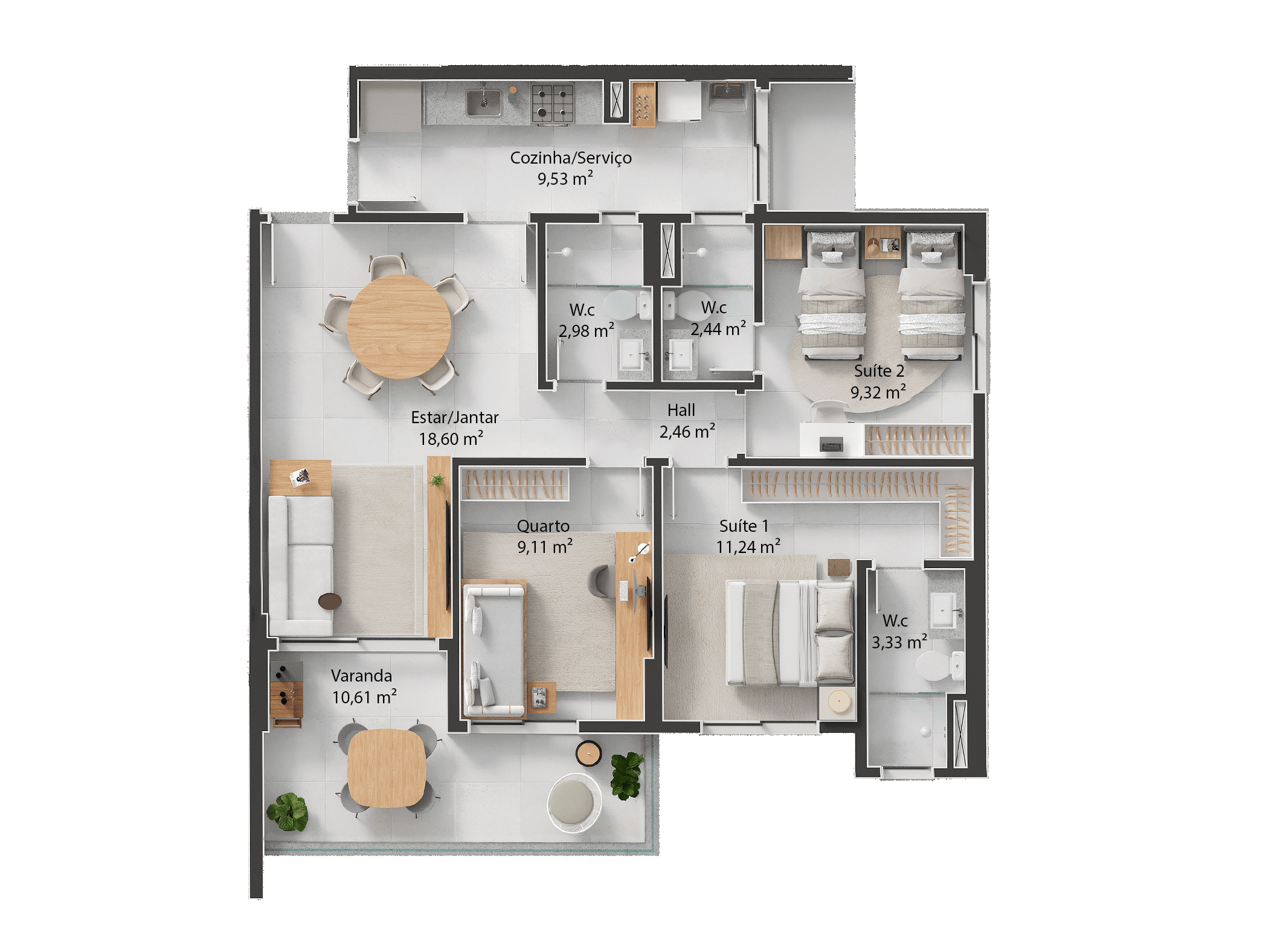 Apartamento de 96m² - Três Quartos
