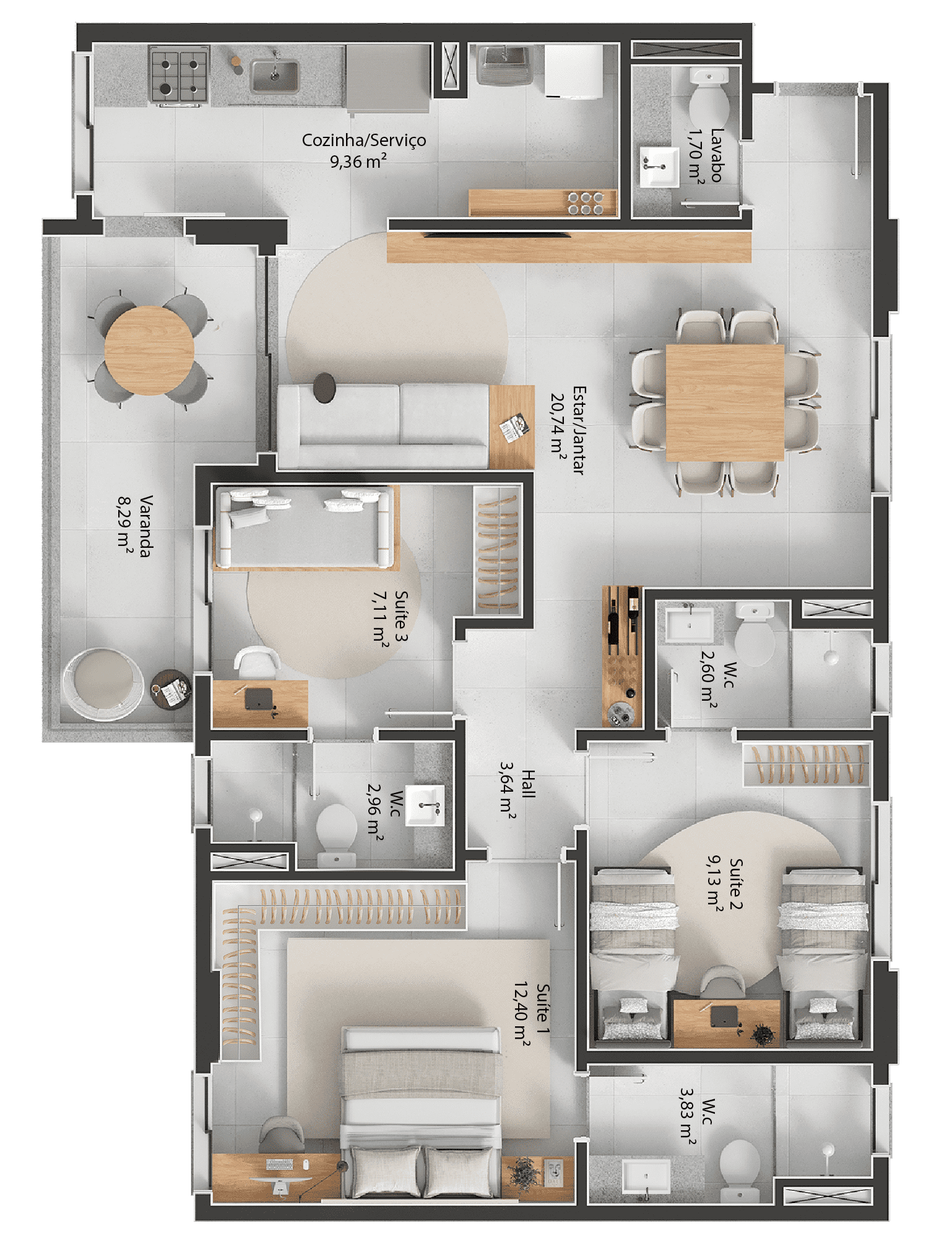 Apartamento de 99m² - Três Quartos